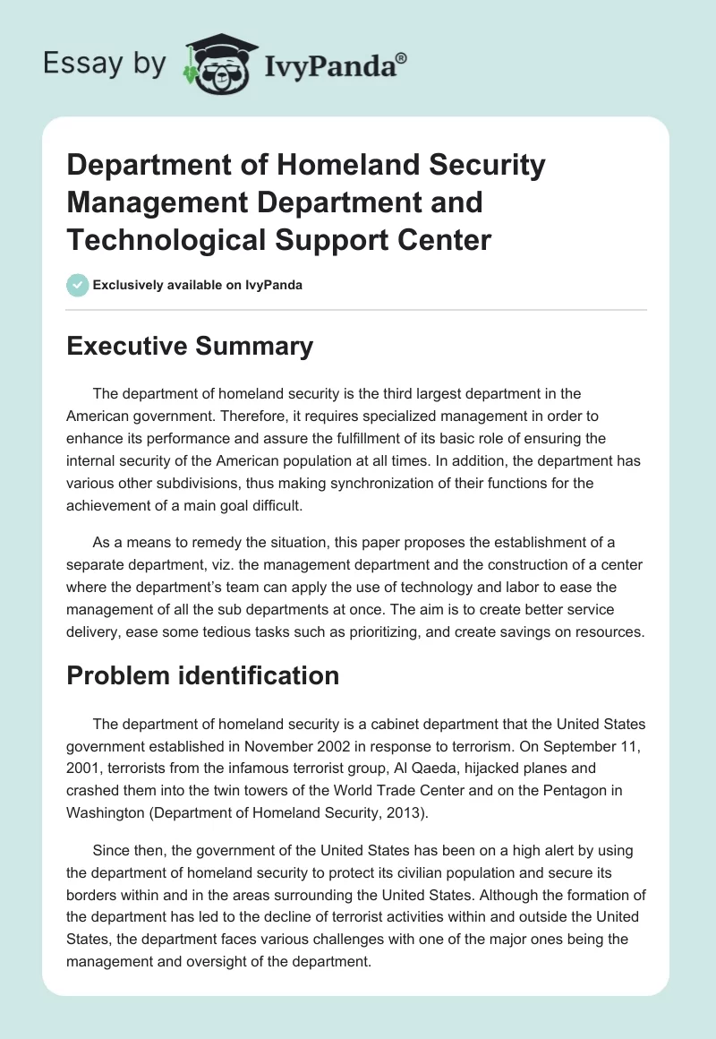 Department of Homeland Security Management Department and Technological Support Center. Page 1