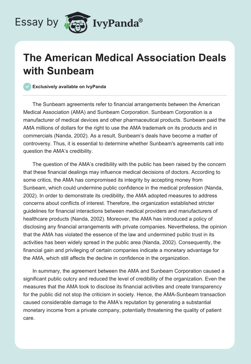 The American Medical Association Deals with Sunbeam. Page 1
