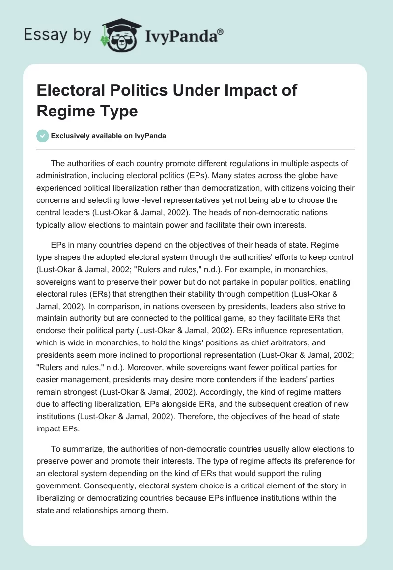 Electoral Politics Under Impact of Regime Type. Page 1