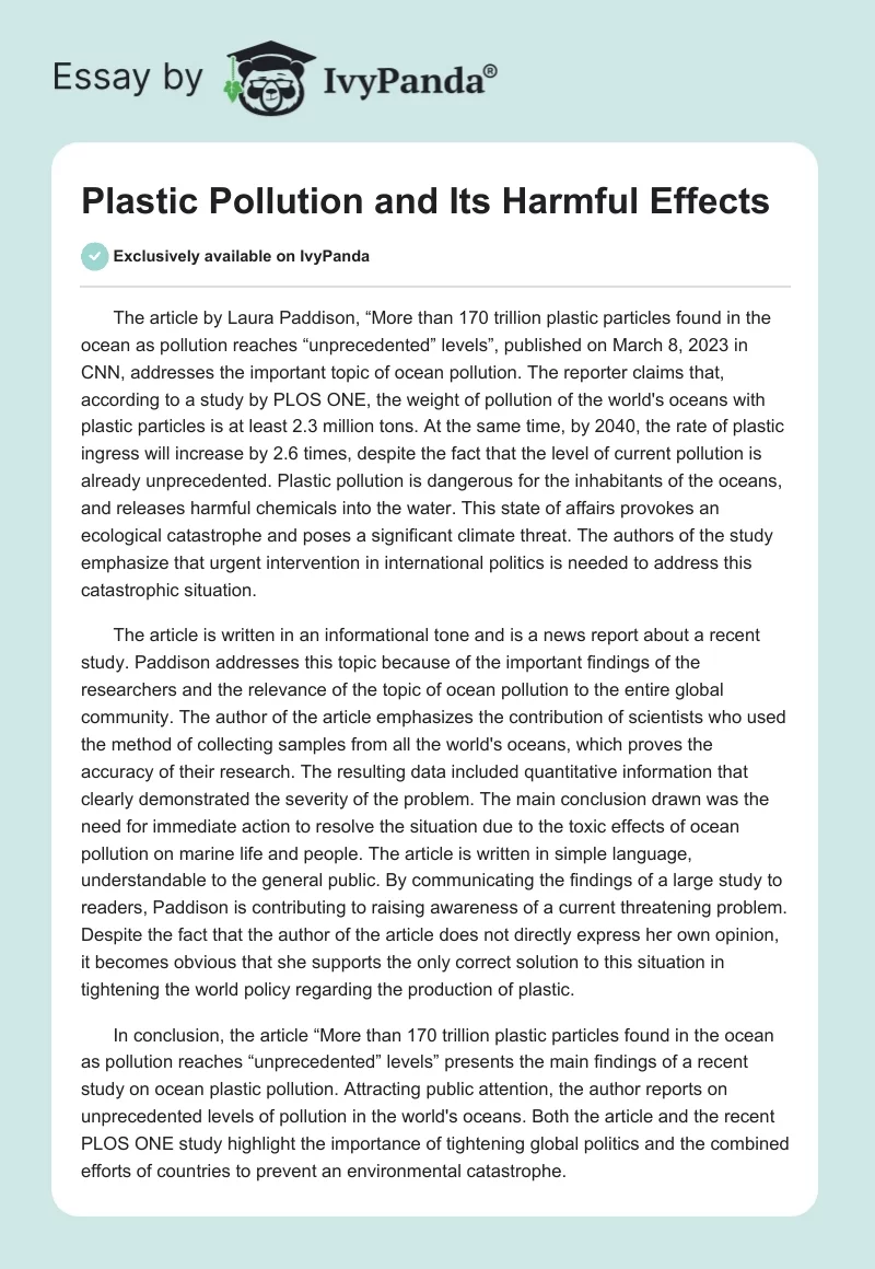 Plastic Pollution and Its Harmful Effects. Page 1