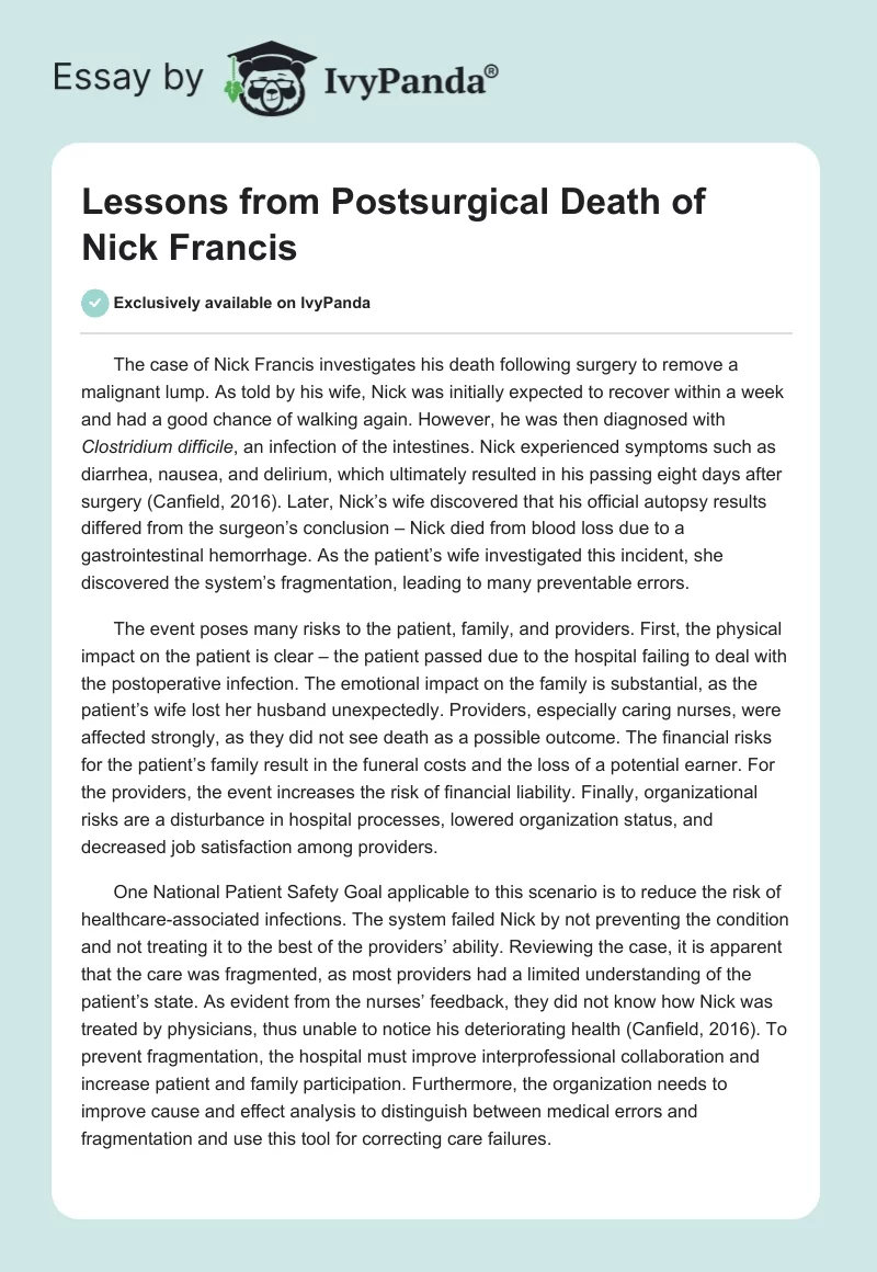 Lessons from Postsurgical Death of Nick Francis. Page 1