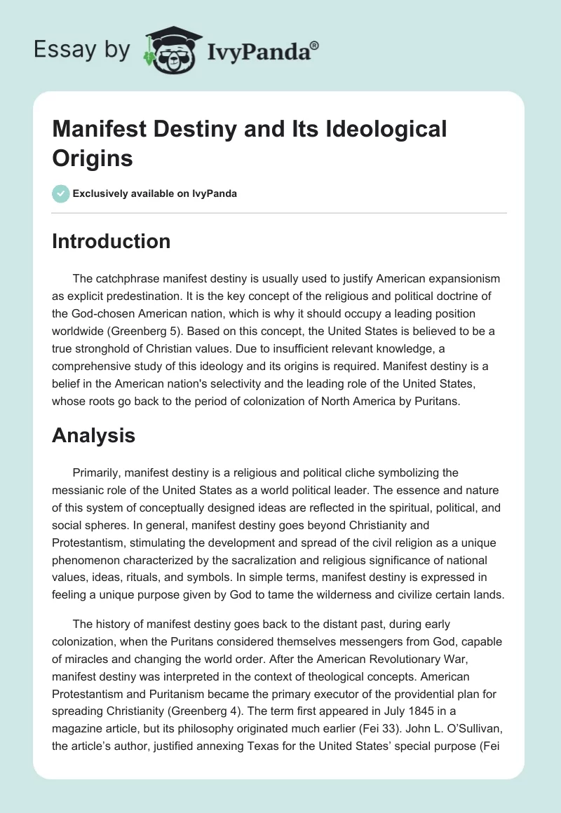 Manifest Destiny and Its Ideological Origins. Page 1