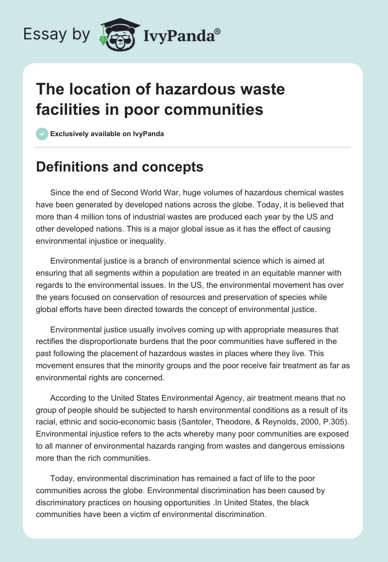 The location of hazardous waste facilities in poor communities. Page 1
