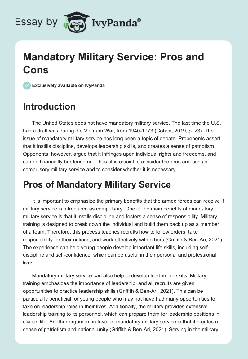 Mandatory Military Service: Pros and Cons. Page 1