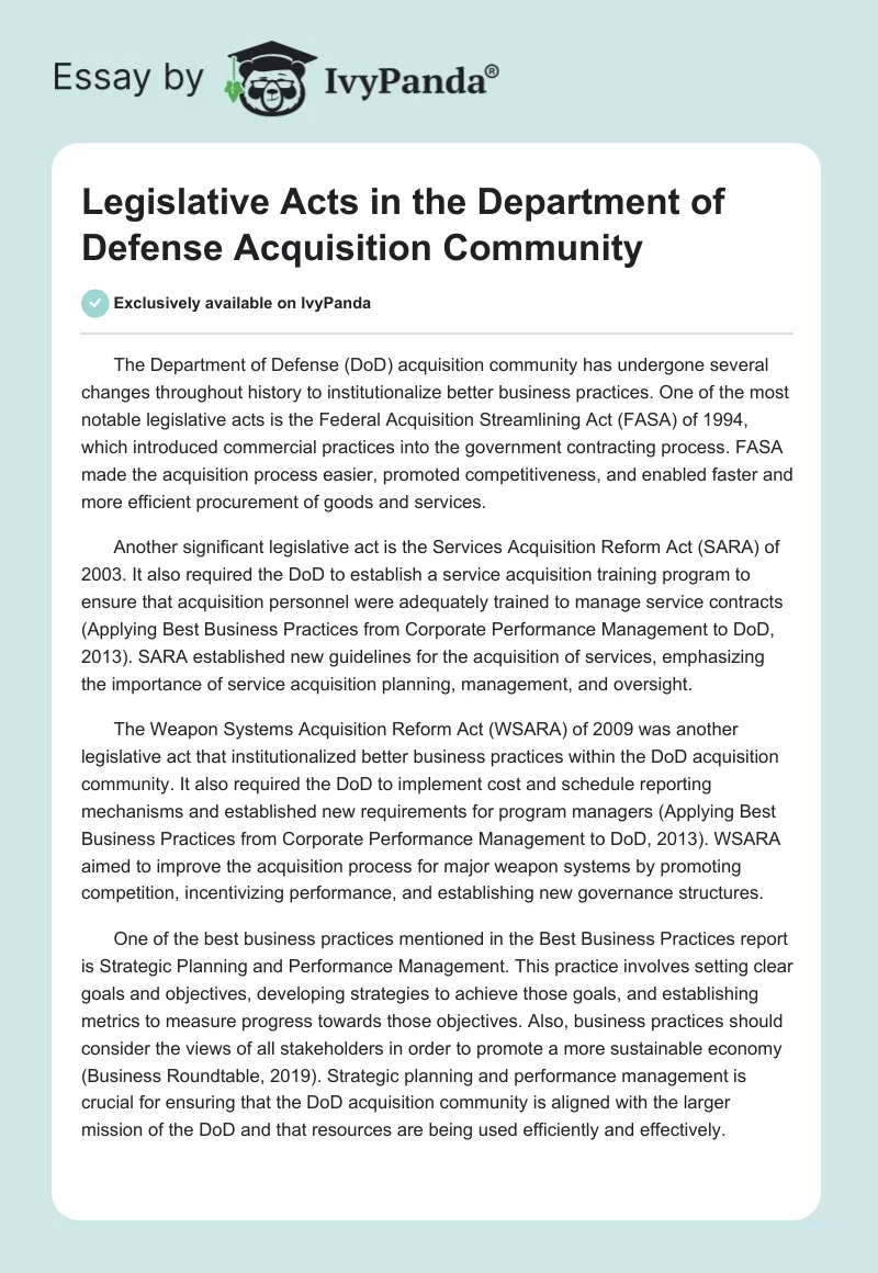 Legislative Acts in the Department of Defense Acquisition Community. Page 1
