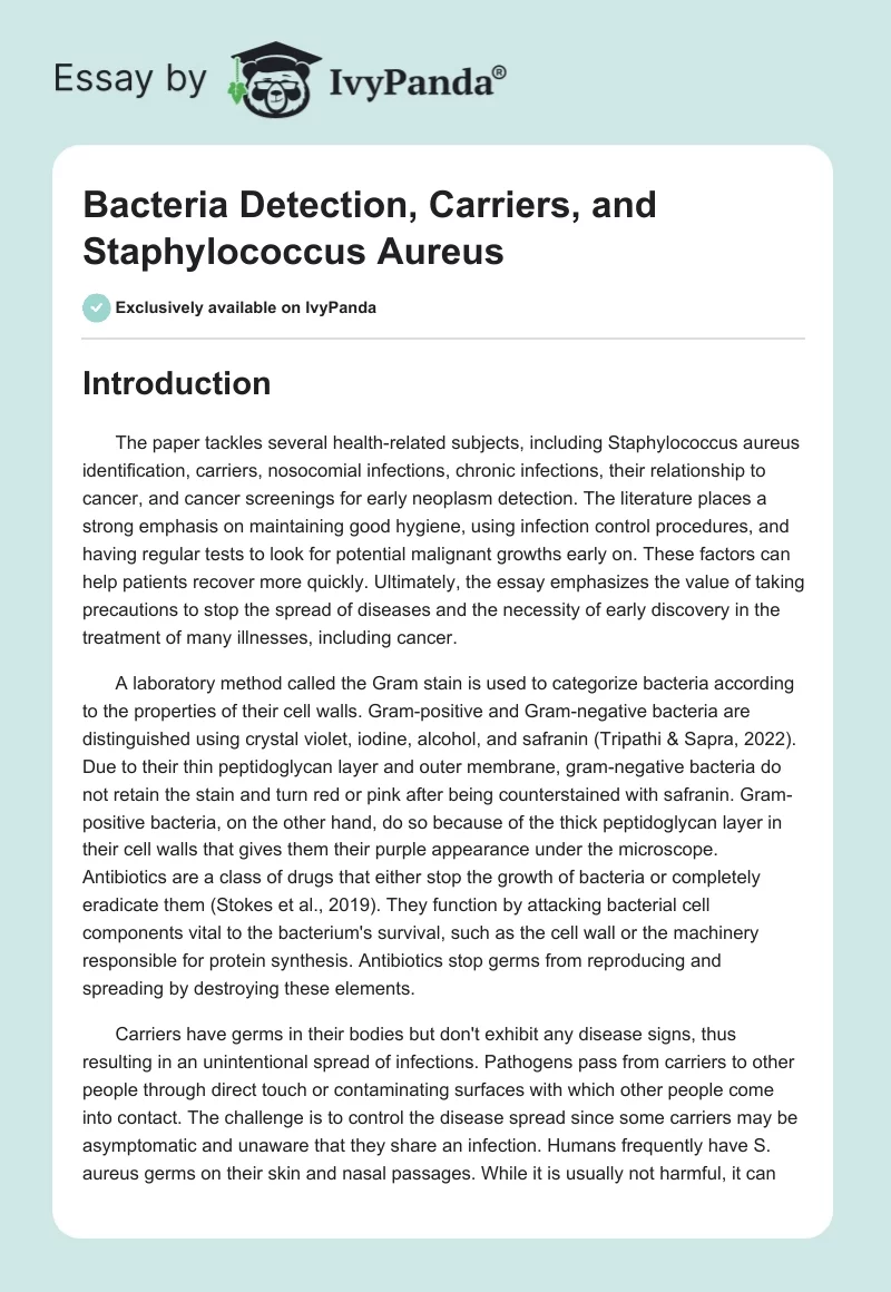 Bacteria Detection, Carriers, and Staphylococcus Aureus. Page 1