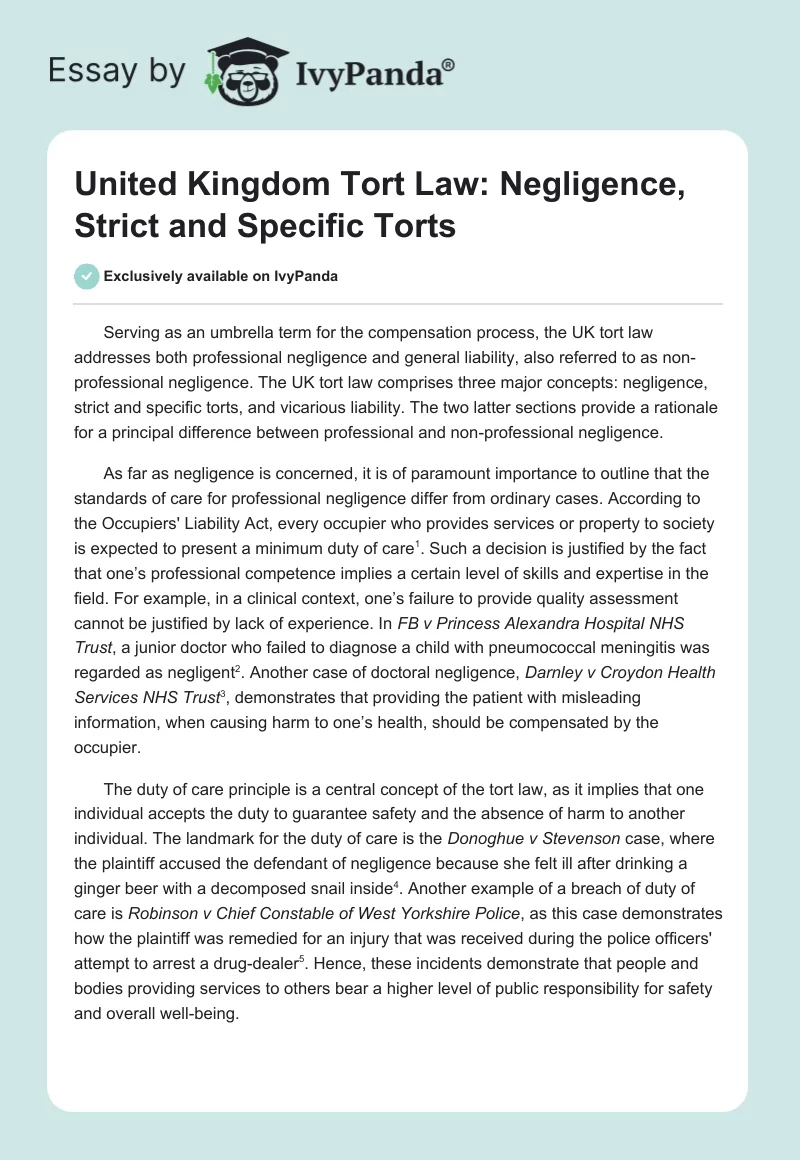 United Kingdom Tort Law: Negligence, Strict and Specific Torts. Page 1