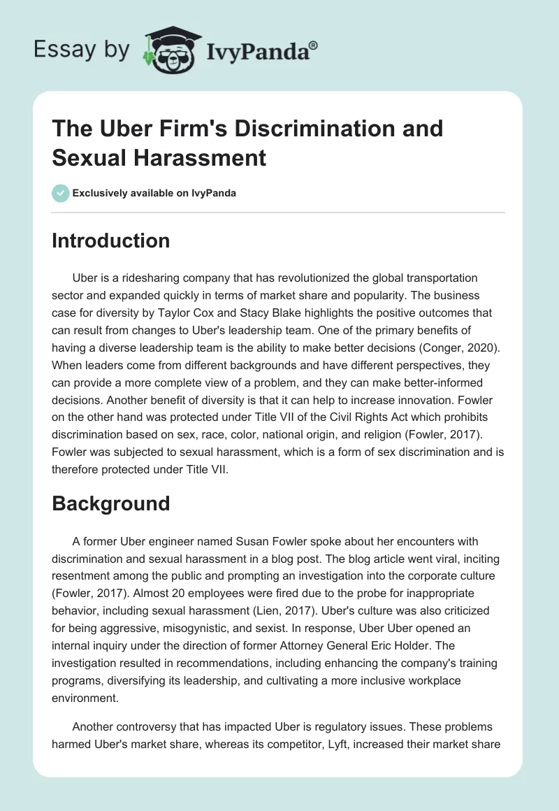 The Uber Firm's Discrimination and Sexual Harassment. Page 1