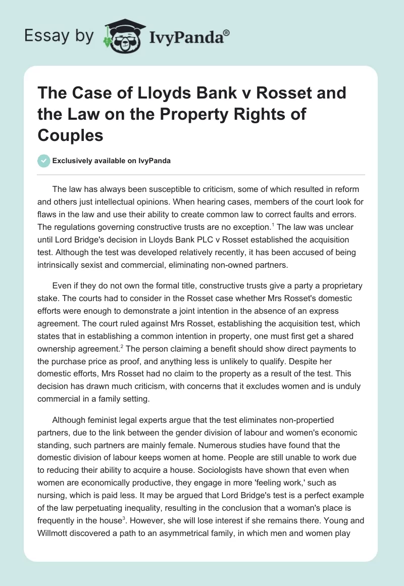 The Case of Lloyds Bank v Rosset and the Law on the Property Rights of Couples. Page 1