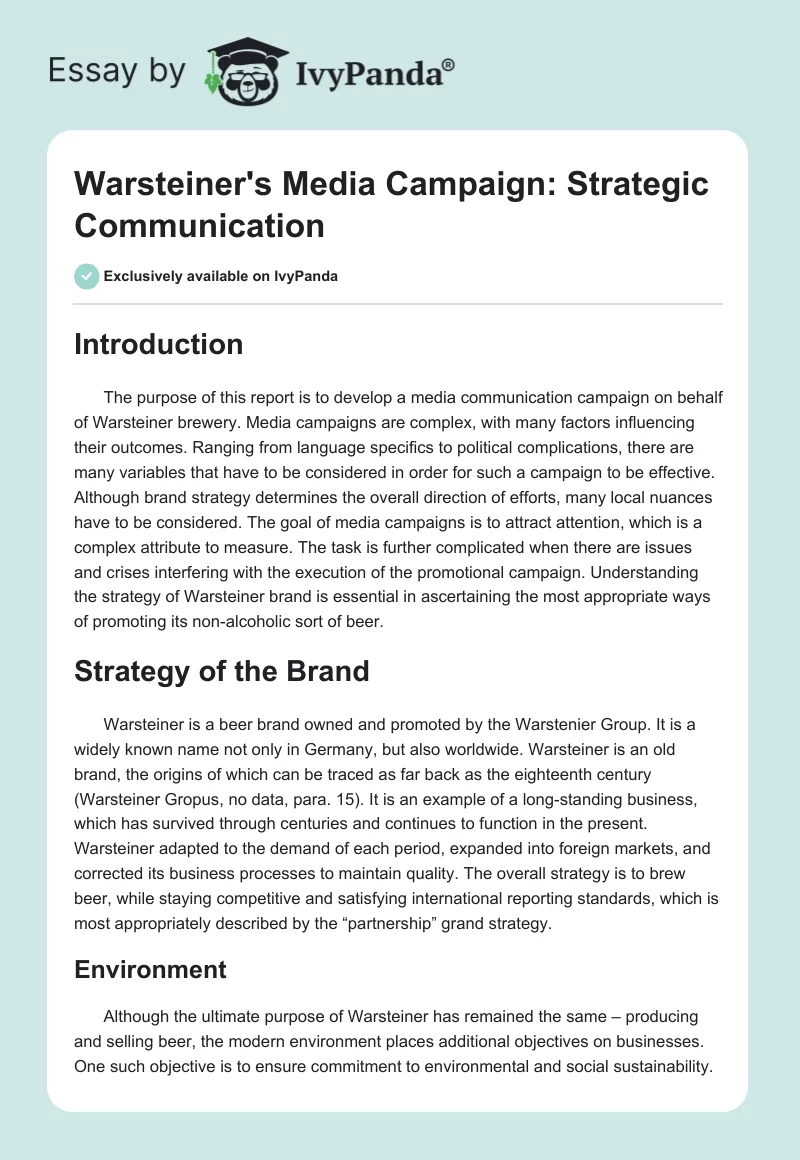 Warsteiner's Media Campaign: Strategic Communication. Page 1