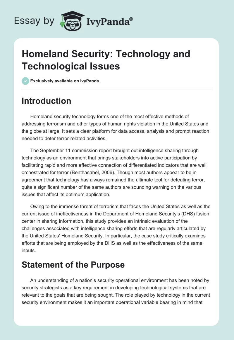 Homeland Security: Technology and Technological Issues. Page 1