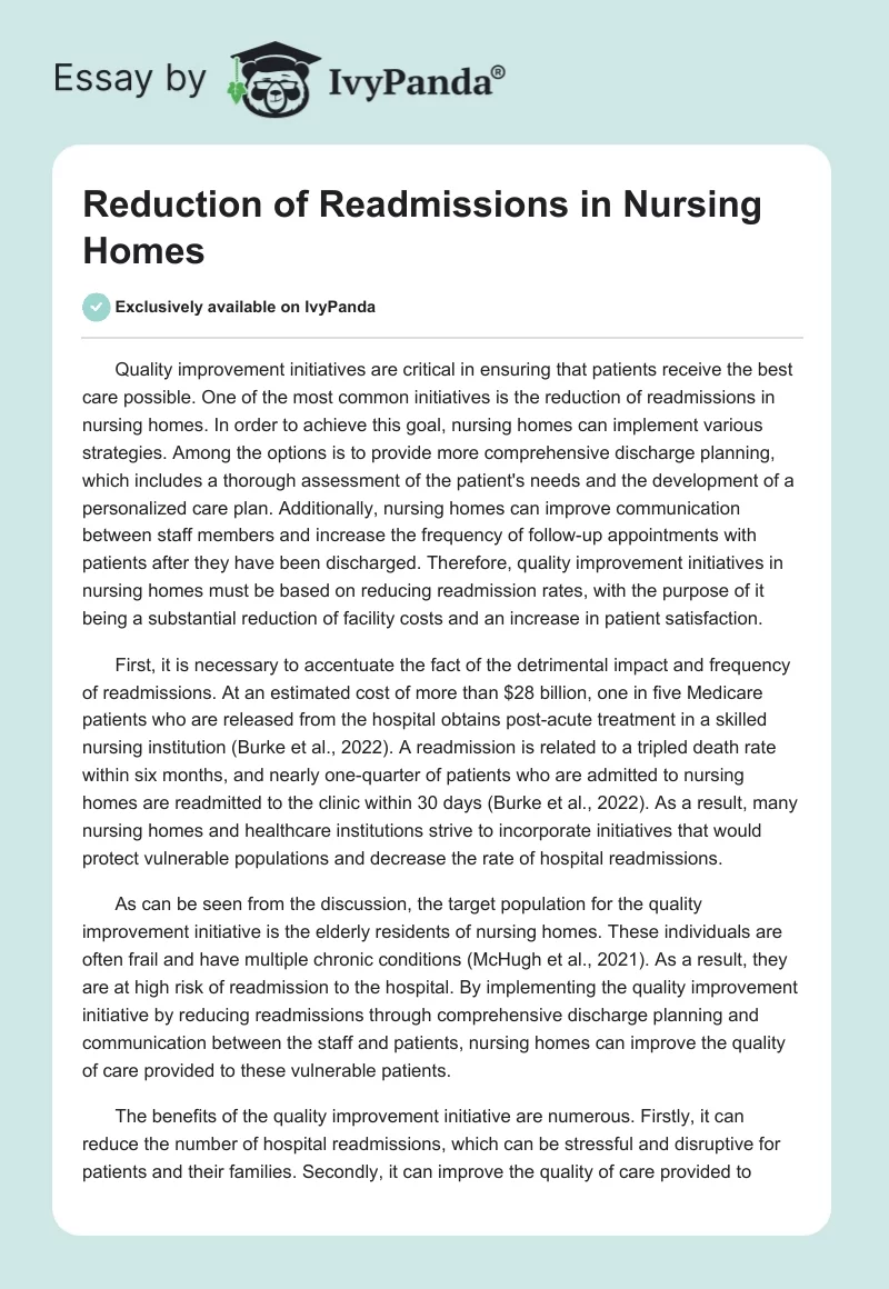 Reduction of Readmissions in Nursing Homes. Page 1