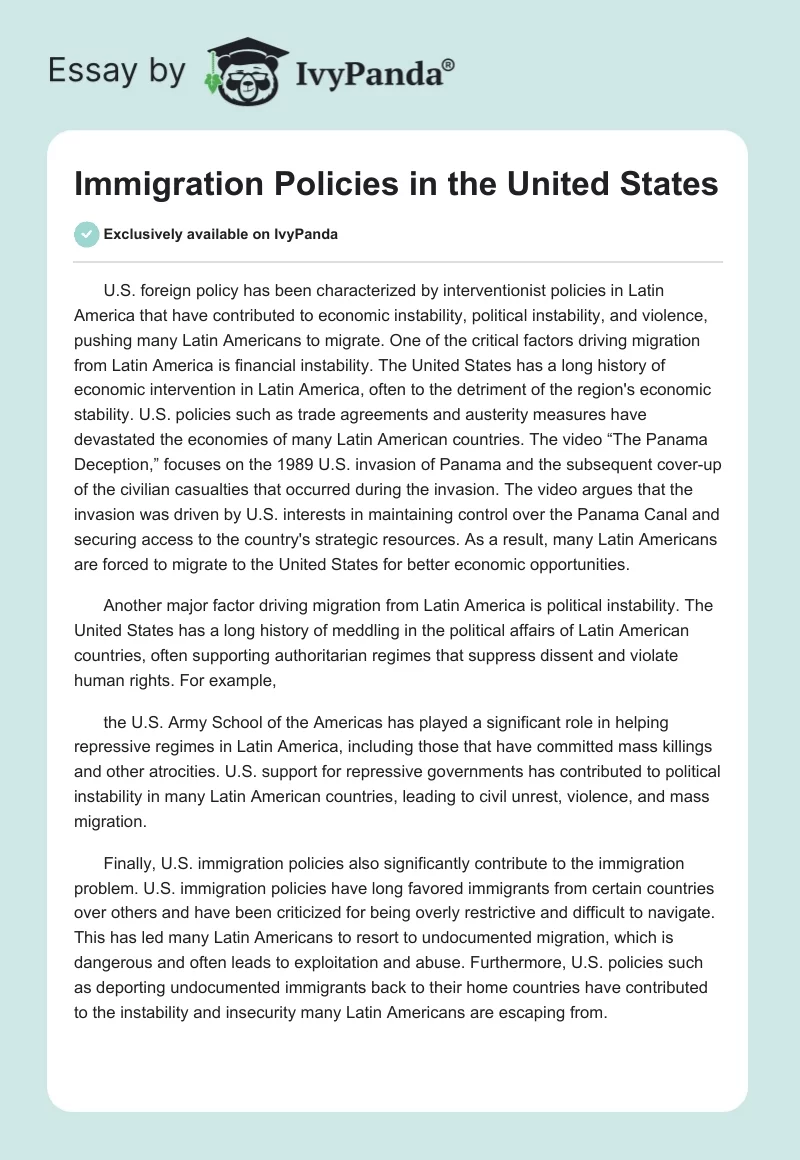 Immigration Policies in the United States. Page 1