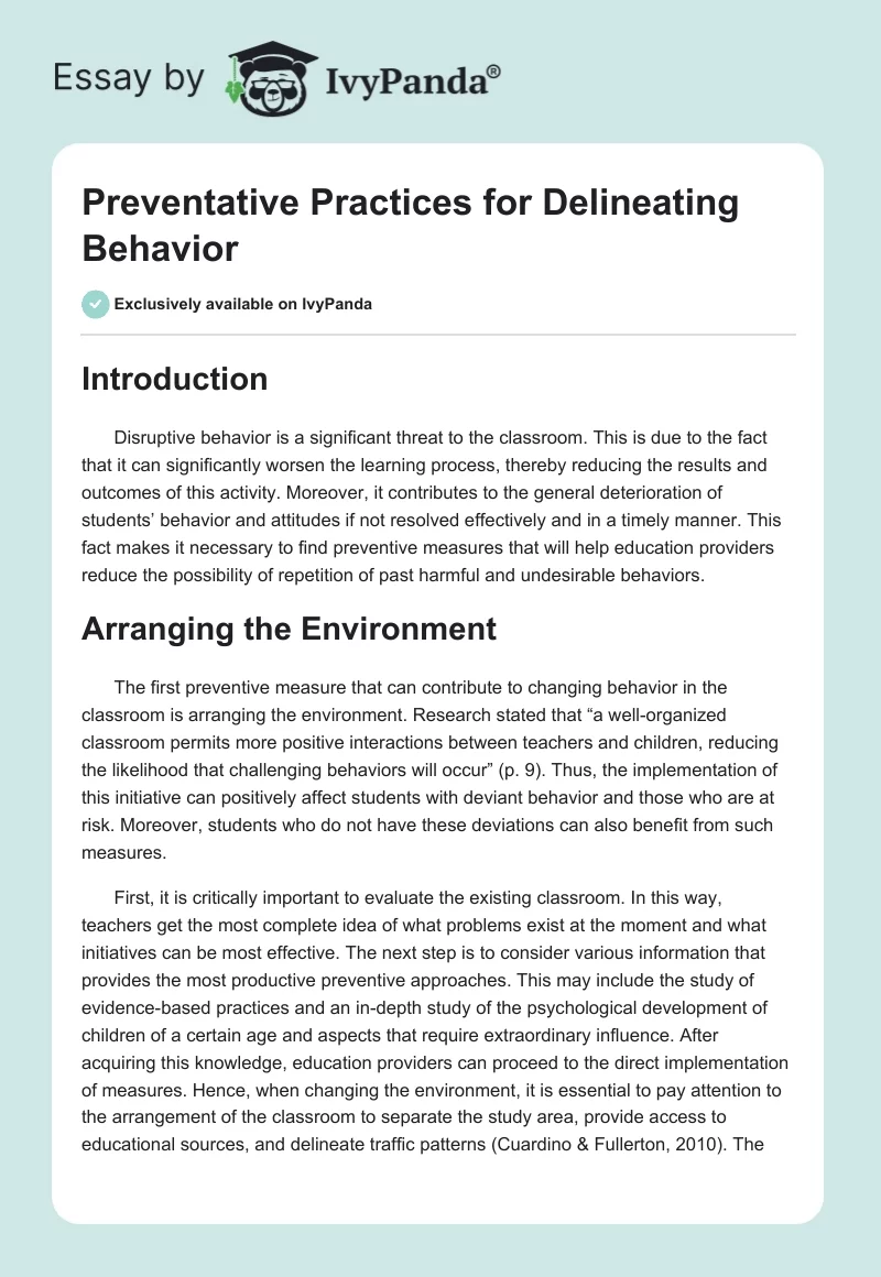 Preventative Practices for Delineating Behavior. Page 1