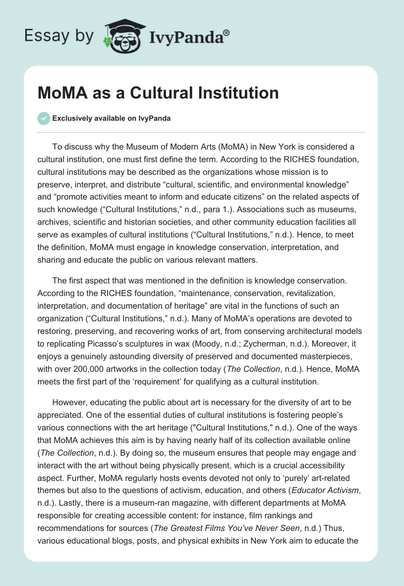MoMA as a Cultural Institution. Page 1
