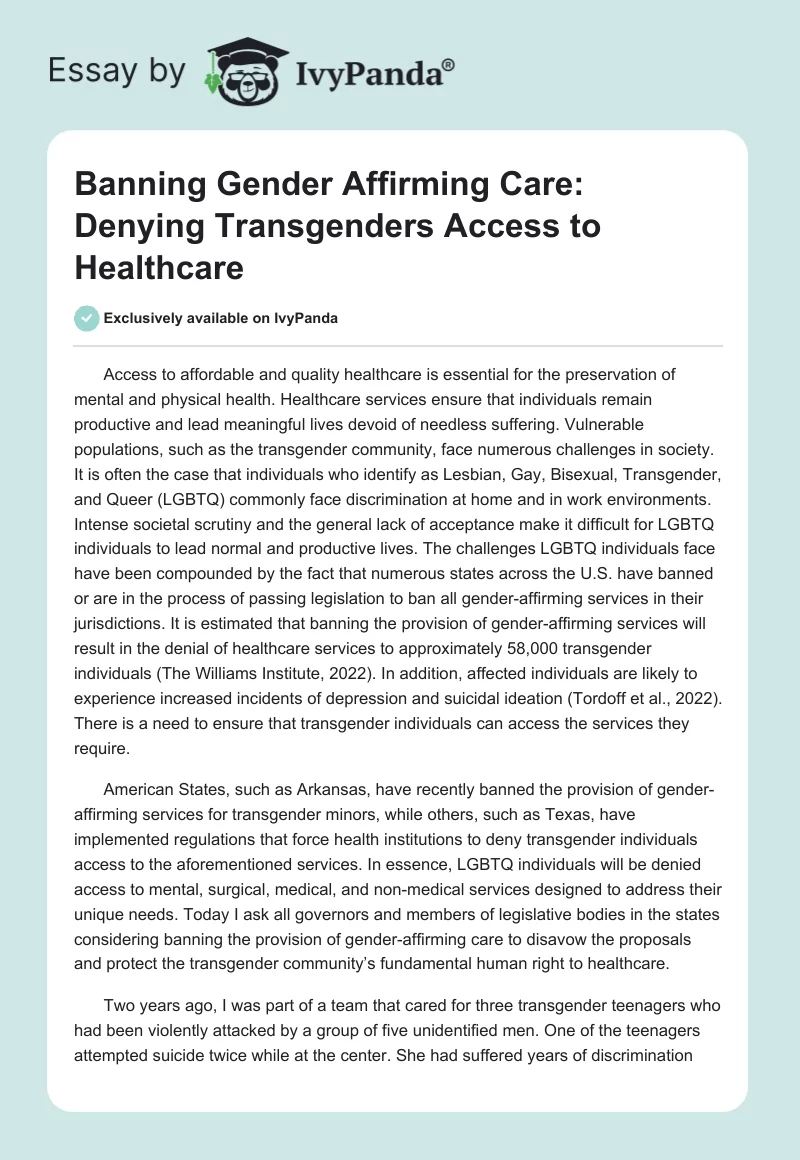 Banning Gender Affirming Care: Denying Transgenders Access to Healthcare. Page 1