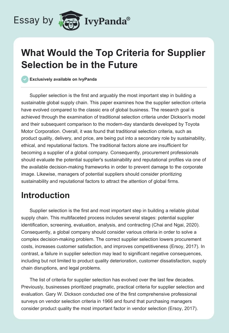 What Would the Top Criteria for Supplier Selection be in the Future. Page 1