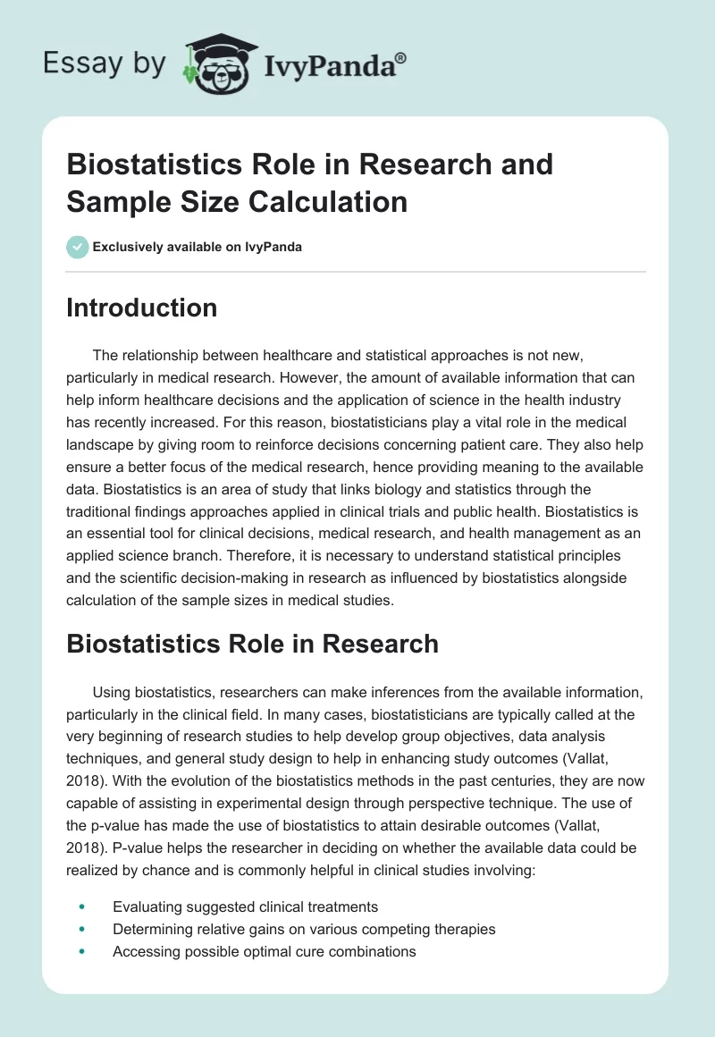 Biostatistics Role in Research and Sample Size Calculation. Page 1