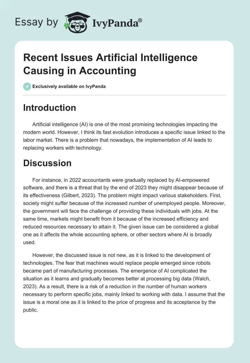 Recent Issues Artificial Intelligence Causing in Accounting. Page 1