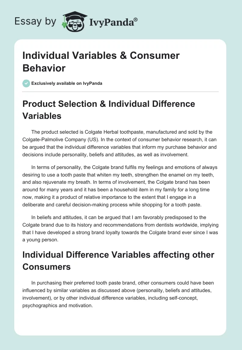 Individual Variables & Consumer Behavior. Page 1