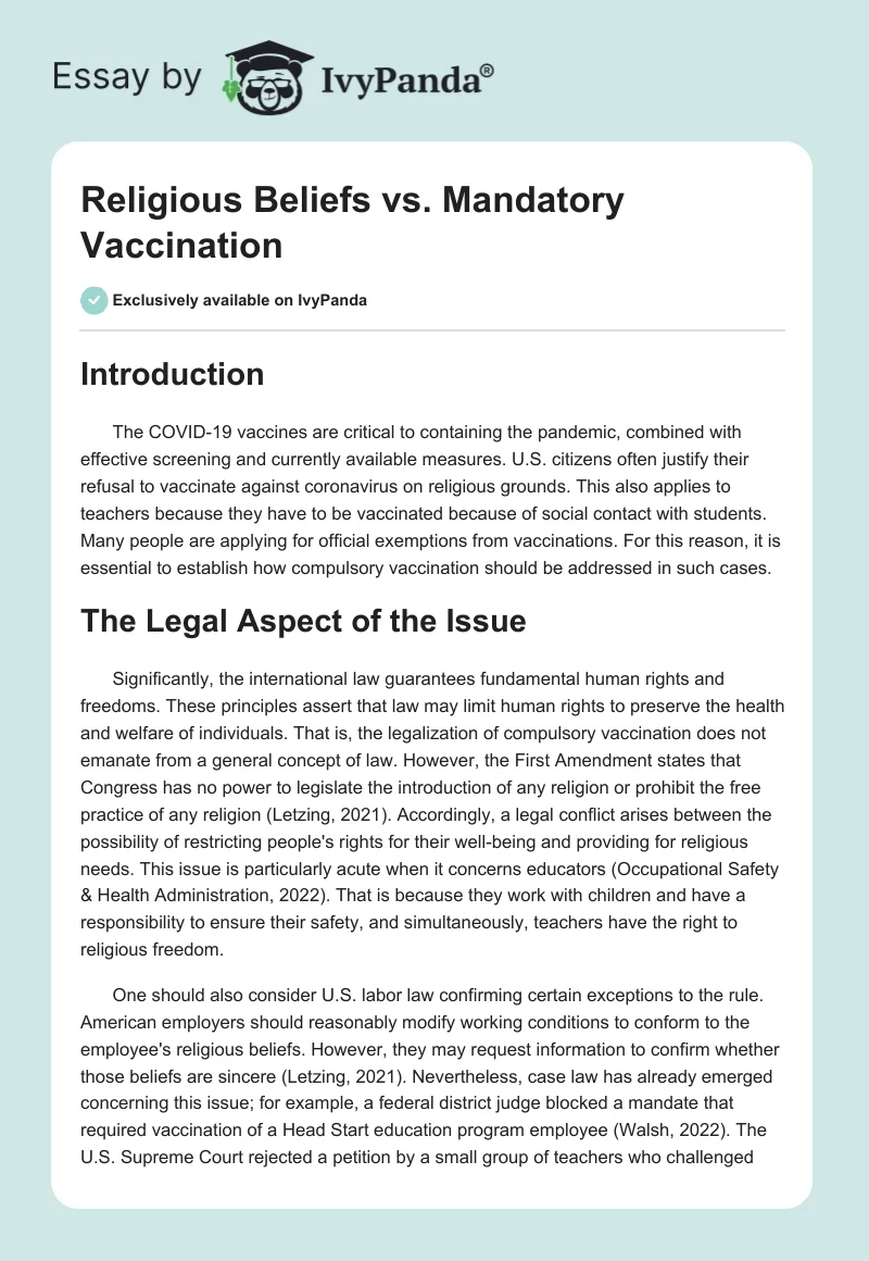 Religious Beliefs vs. Mandatory Vaccination. Page 1