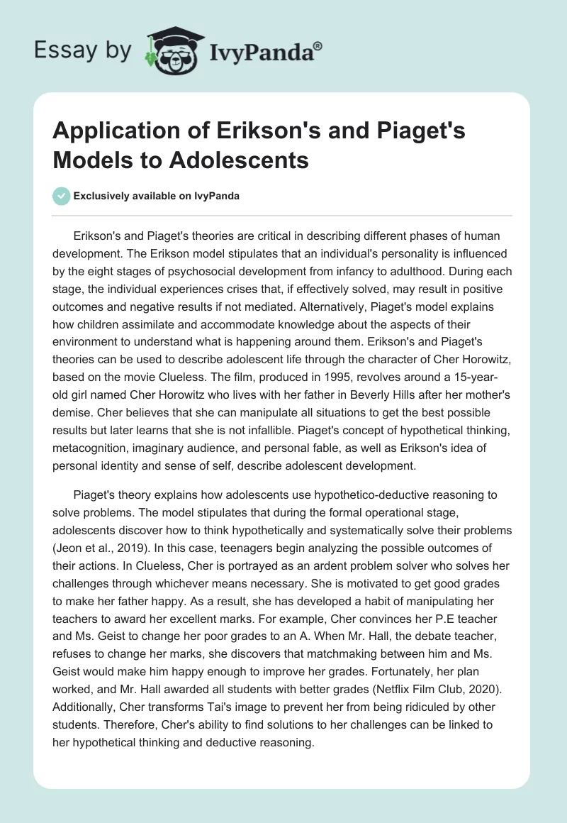 Application of Erikson's and Piaget's Models to Adolescents. Page 1
