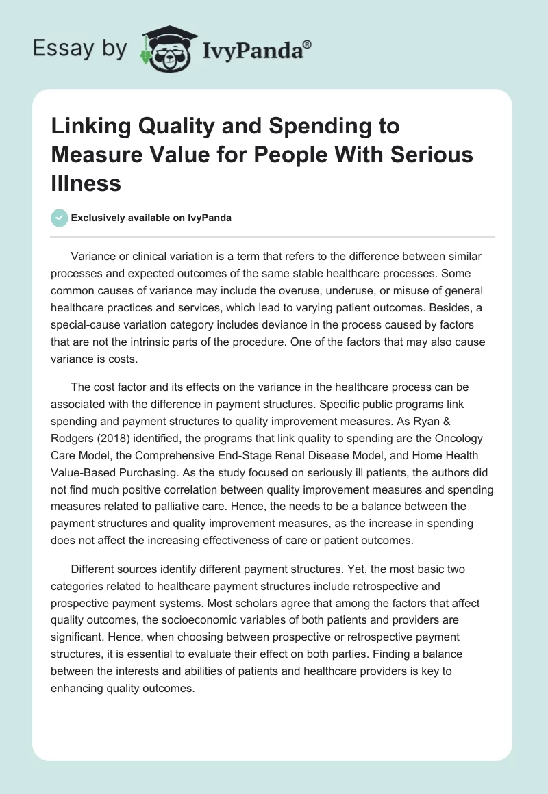 Linking Quality and Spending to Measure Value for People With Serious Illness. Page 1