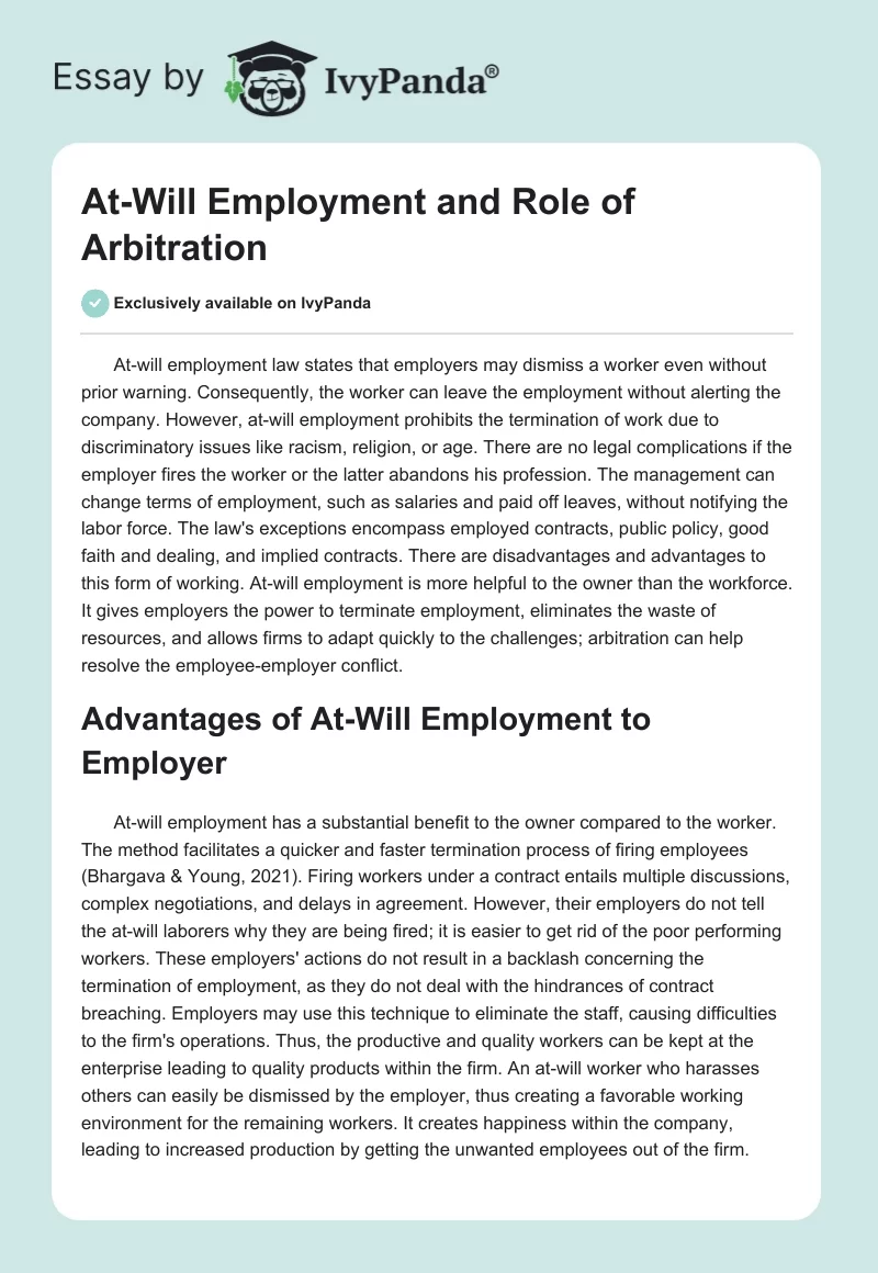 At-Will Employment and Role of Arbitration. Page 1