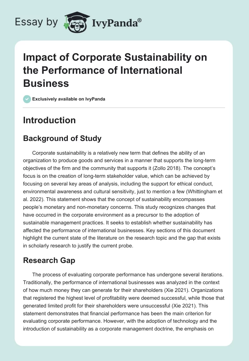 Impact of Corporate Sustainability on the Performance of International Business. Page 1