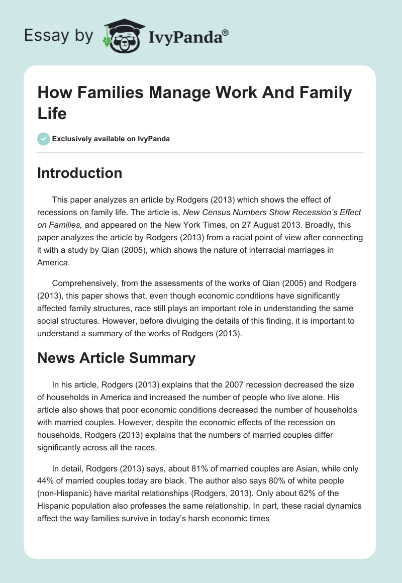 How Families Manage Work And Family Life. Page 1