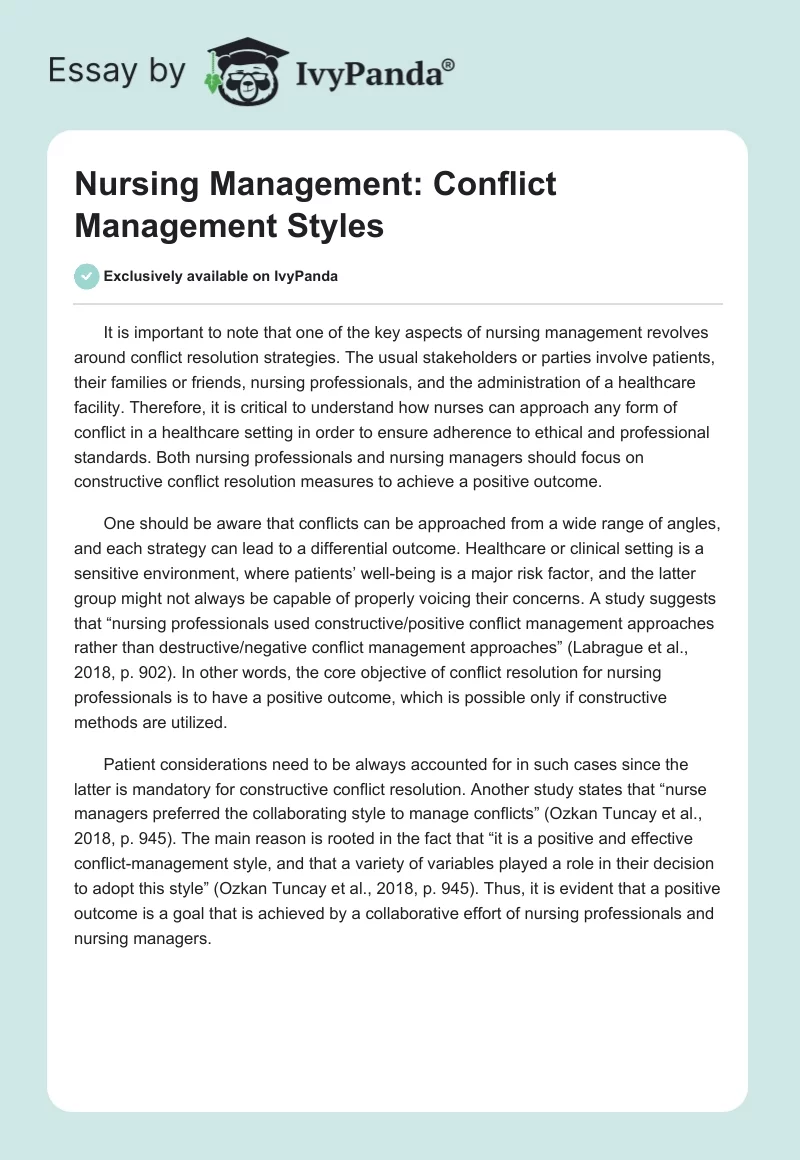 Nursing Management: Conflict Management Styles. Page 1