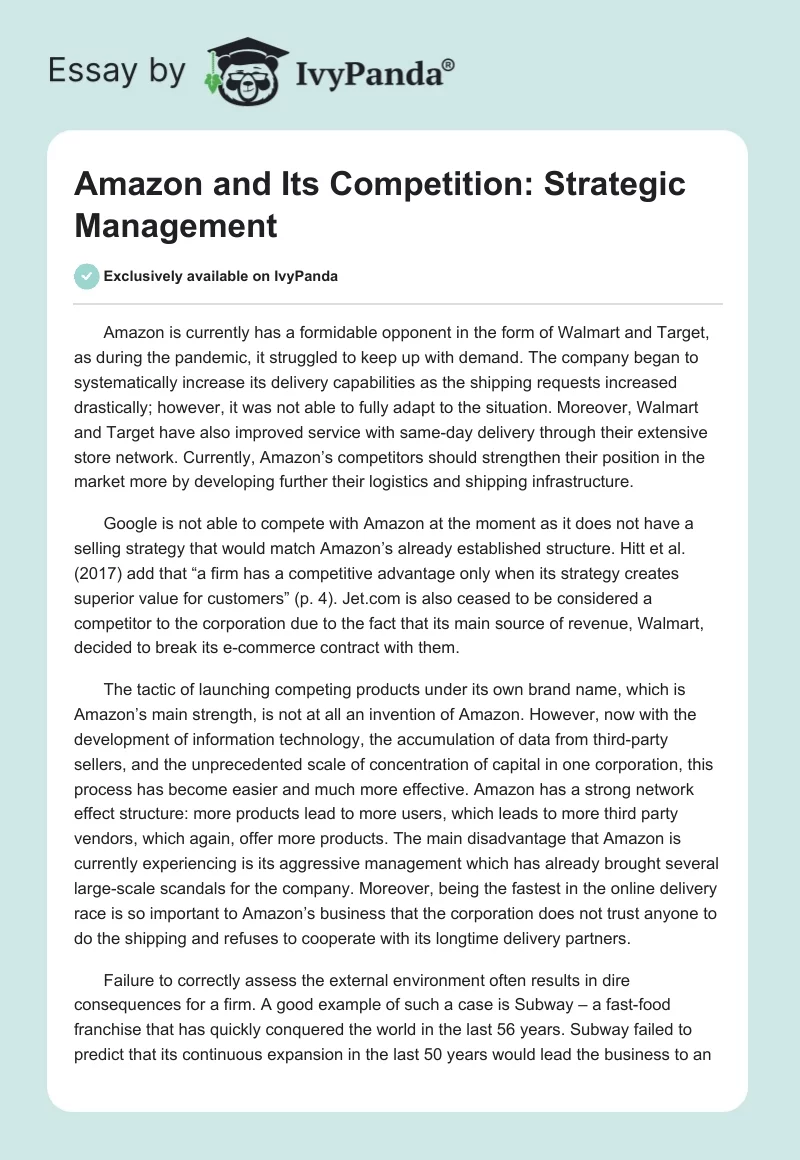 Amazon and Its Competition: Strategic Management. Page 1