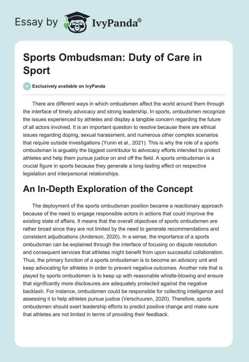 Sports Ombudsman: Duty of Care in Sport. Page 1