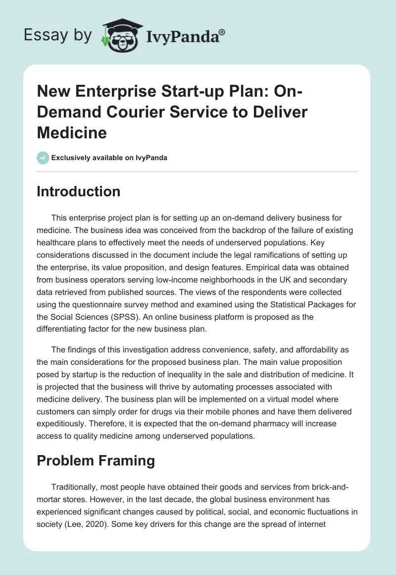 New Enterprise Start-up Plan: On-Demand Courier Service to Deliver Medicine. Page 1