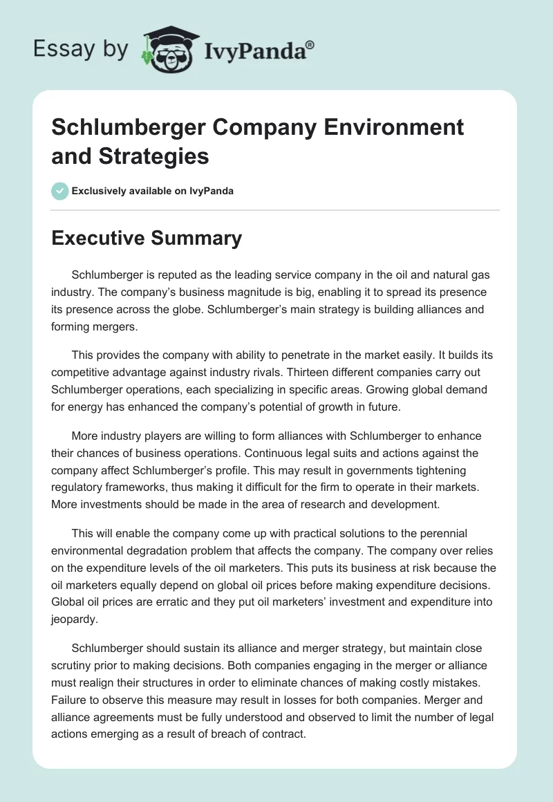Schlumberger Company Environment and Strategies. Page 1