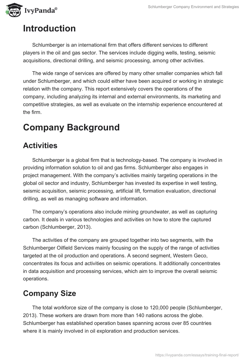 Schlumberger Company Environment and Strategies. Page 2