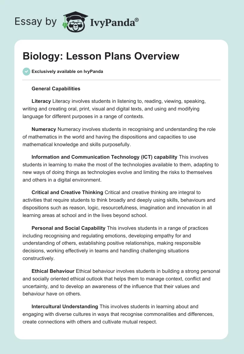 Biology: Lesson Plans Overview. Page 1