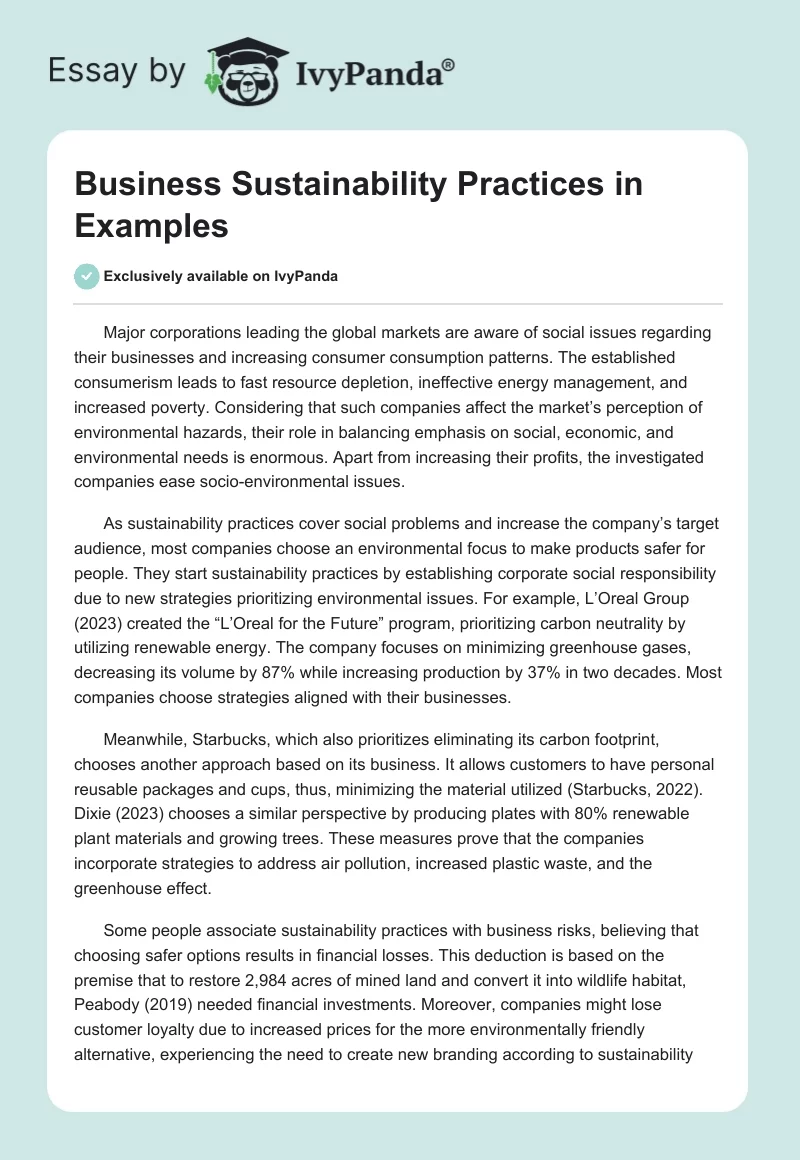 Business Sustainability Practices in Examples. Page 1