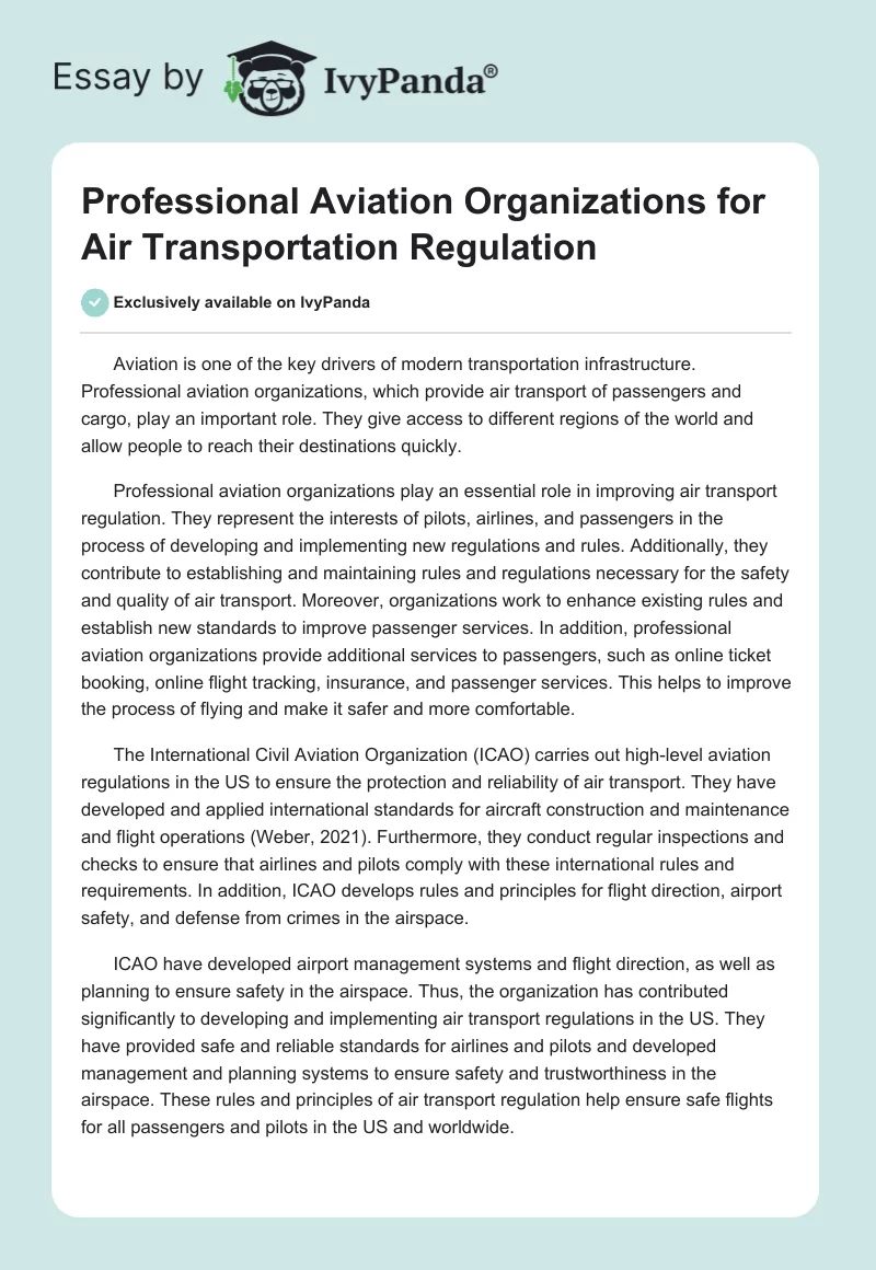Professional Aviation Organizations for Air Transportation Regulation. Page 1