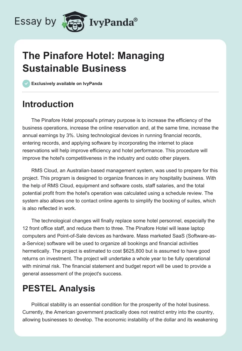 The Pinafore Hotel: Managing Sustainable Business. Page 1
