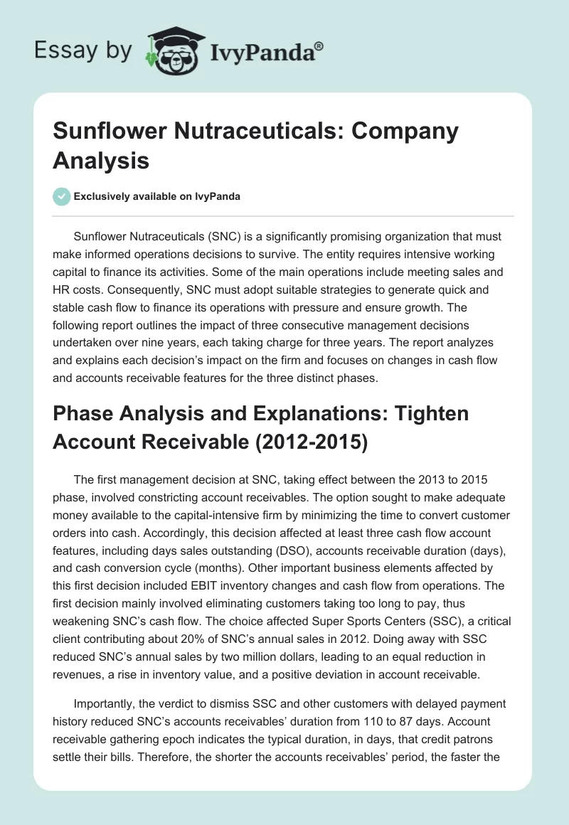 Sunflower Nutraceuticals: Company Analysis. Page 1