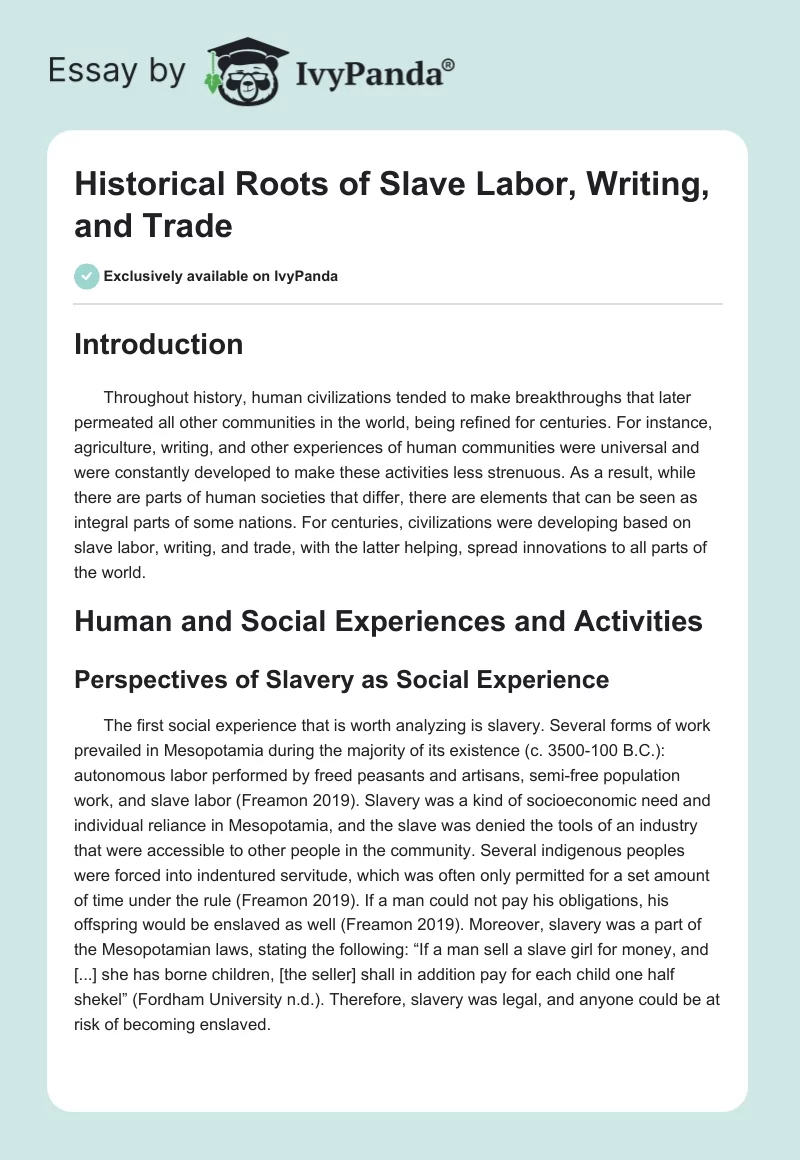 Historical Roots of Slave Labor, Writing, and Trade. Page 1