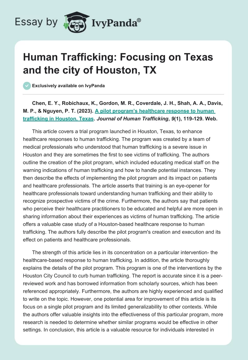 Human Trafficking: Focusing on Texas and the city of Houston, TX. Page 1