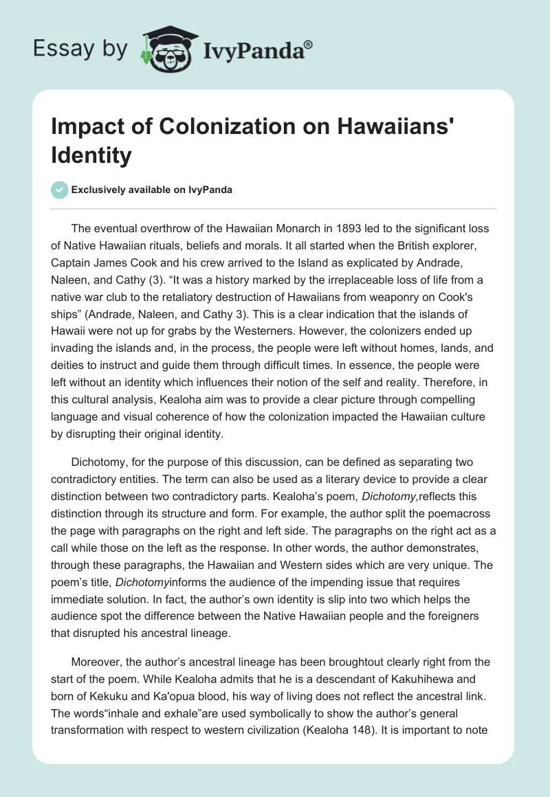 Impact of Colonization on Hawaiians' Identity. Page 1