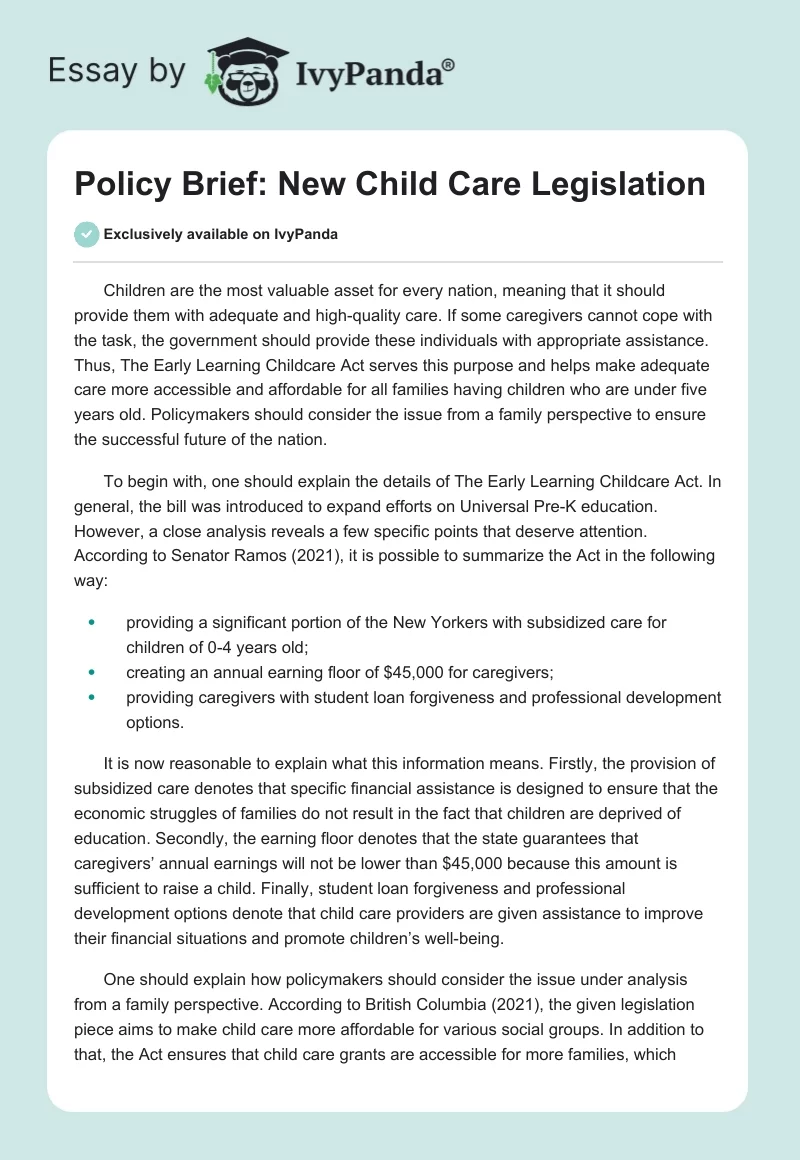Policy Brief: New Child Care Legislation. Page 1