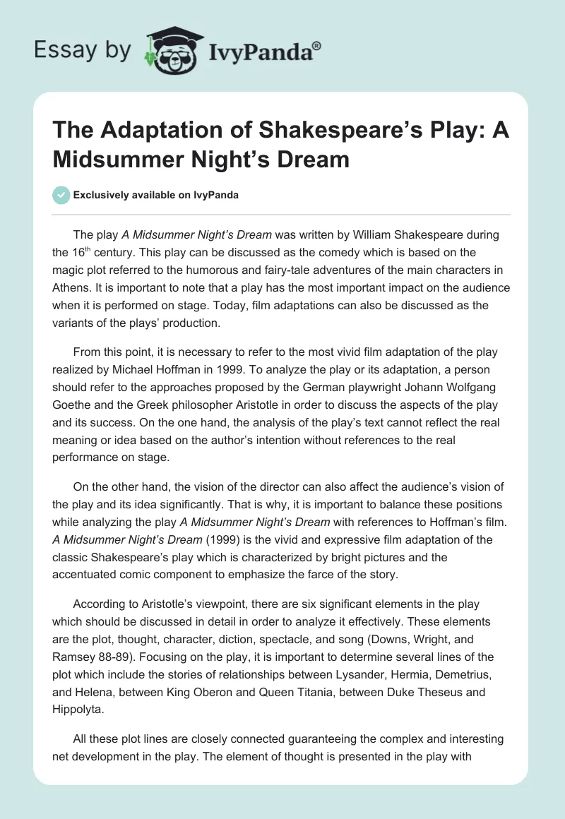 The Adaptation of Shakespeare’s Play: A Midsummer Night’s Dream. Page 1