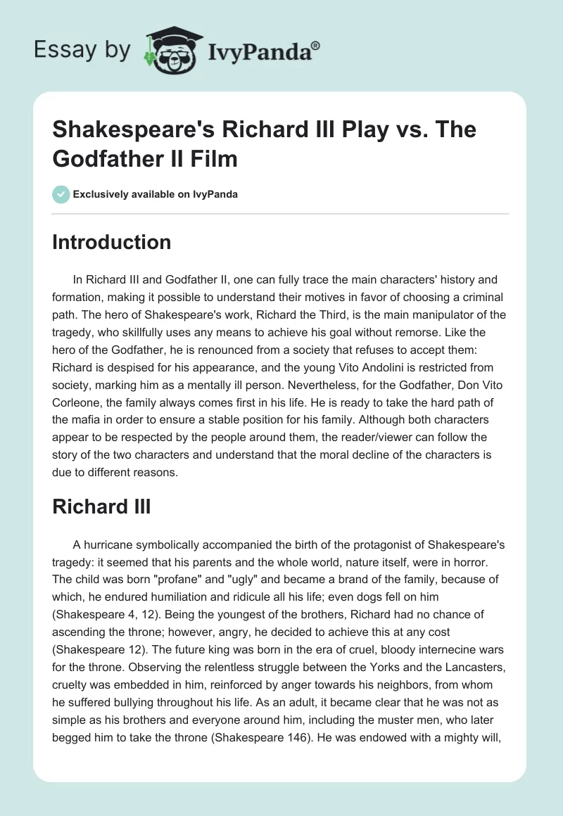 Shakespeare's Richard III Play vs. The Godfather II Film. Page 1