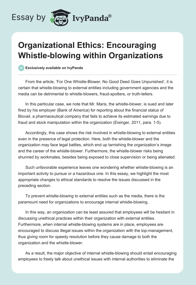 Organizational Ethics: Encouraging Whistle-blowing within Organizations. Page 1