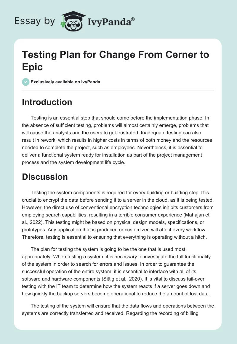Testing Plan for Change From Cerner to Epic. Page 1