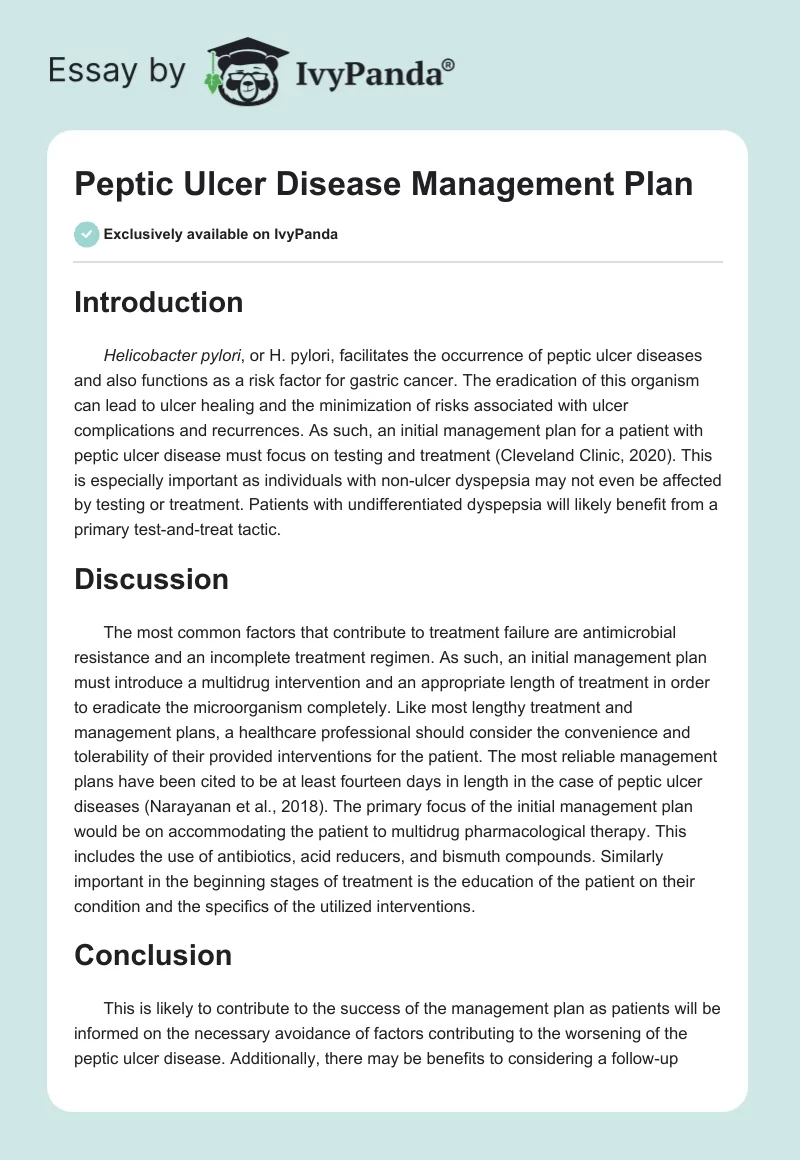 Peptic Ulcer Disease Management Plan. Page 1